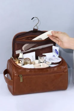 Discount Dear-Lover PU Leather Multifunctional Handle Large Makeup Bag Chestnut