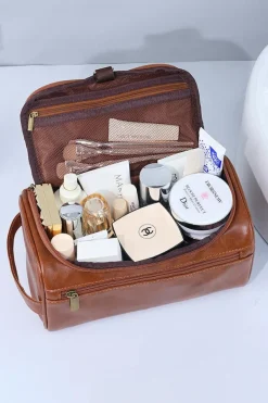 Discount Dear-Lover PU Leather Multifunctional Handle Large Makeup Bag Chestnut