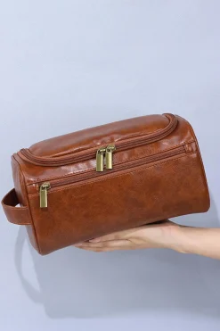 Discount Dear-Lover PU Leather Multifunctional Handle Large Makeup Bag Chestnut