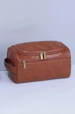 Discount Dear-Lover PU Leather Multifunctional Handle Large Makeup Bag Chestnut