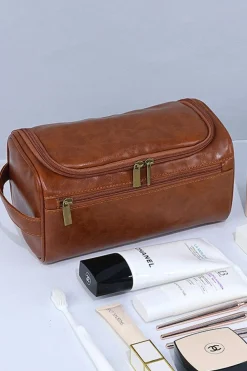 Discount Dear-Lover PU Leather Multifunctional Handle Large Makeup Bag Chestnut