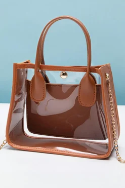 Sale Dear-Lover PVC PU Leather Patchwork Chain Strap Shoulder Bag Chestnut