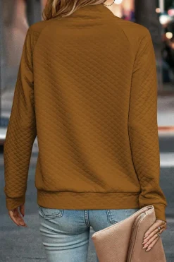 Outlet Dear-Lover Quilted Buttoned Neckline Stand Neck Pullover Sweatshirt Chestnut