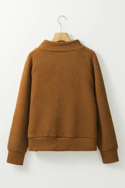 Outlet Dear-Lover Quilted Buttoned Neckline Stand Neck Pullover Sweatshirt Chestnut