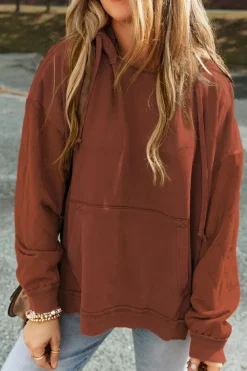 Hot Dear-Lover Quilted Patchwork Exposed Seam Hoodie Chestnut