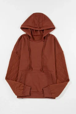 Hot Dear-Lover Quilted Patchwork Exposed Seam Hoodie Chestnut