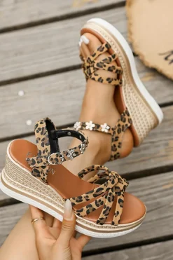 Hot Dear-Lover Rhinestone Flower Decor Leopard Strappy Wedge Sandals Chestnut