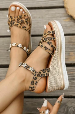 Hot Dear-Lover Rhinestone Flower Decor Leopard Strappy Wedge Sandals Chestnut