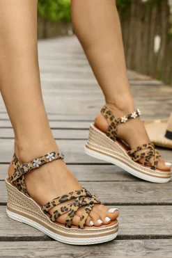 Hot Dear-Lover Rhinestone Flower Decor Leopard Strappy Wedge Sandals Chestnut