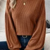 Fashion Dear-Lover Ribbed Knit Drop Shoulder Ruffled Sleeve Textured Top Chestnut