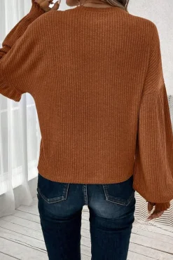 Fashion Dear-Lover Ribbed Knit Drop Shoulder Ruffled Sleeve Textured Top Chestnut