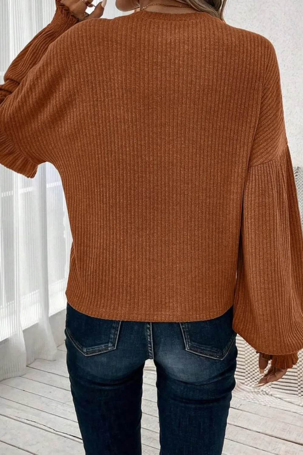 Fashion Dear-Lover Ribbed Knit Drop Shoulder Ruffled Sleeve Textured Top Chestnut