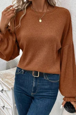 Fashion Dear-Lover Ribbed Knit Drop Shoulder Ruffled Sleeve Textured Top Chestnut