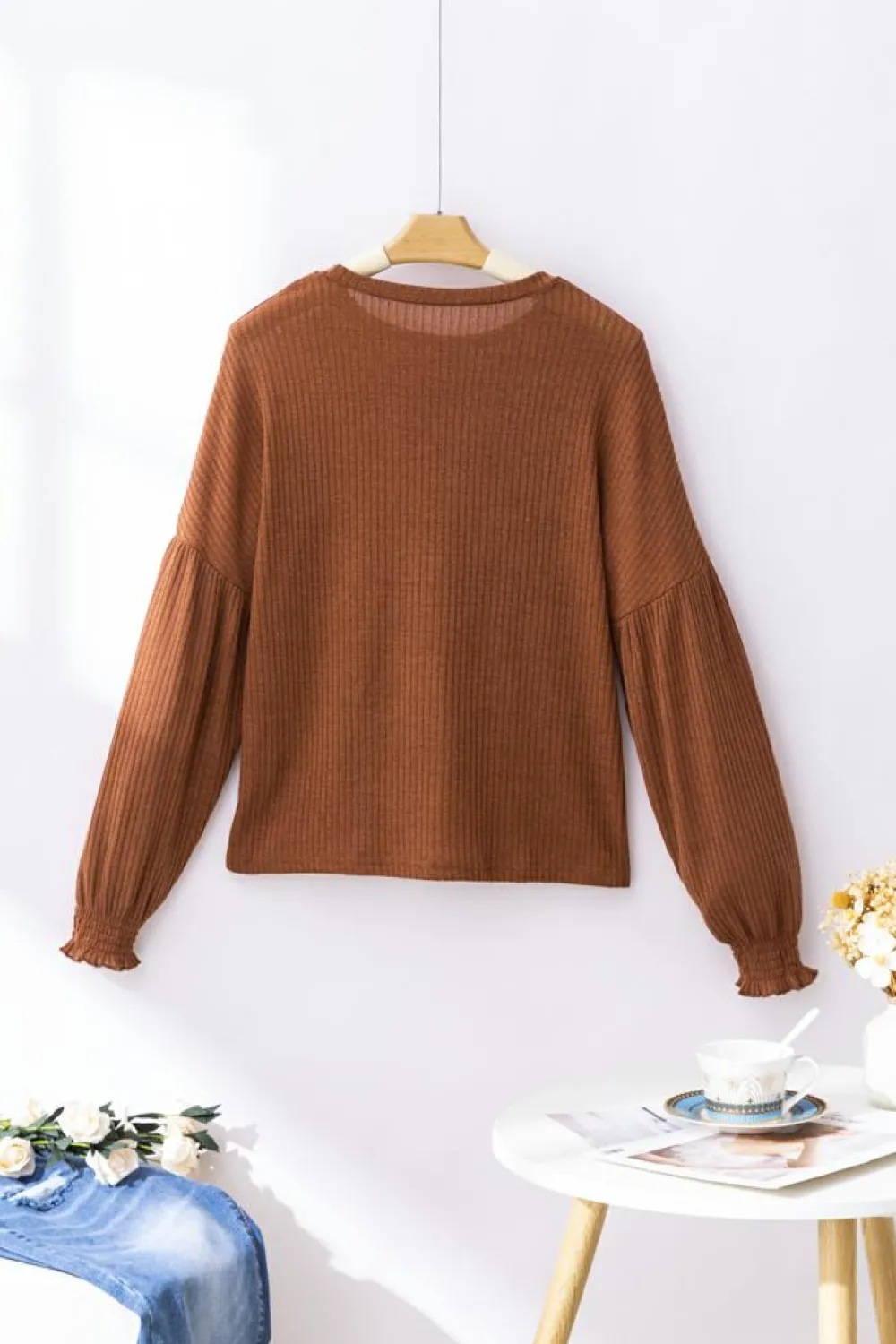 Fashion Dear-Lover Ribbed Knit Drop Shoulder Ruffled Sleeve Textured Top Chestnut