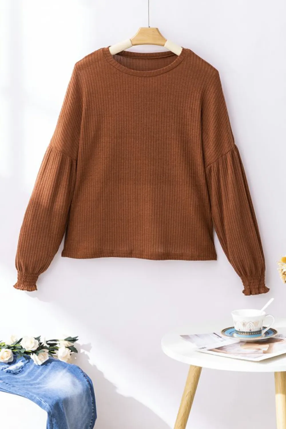 Fashion Dear-Lover Ribbed Knit Drop Shoulder Ruffled Sleeve Textured Top Chestnut