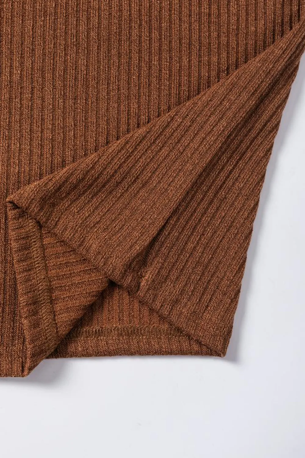 Fashion Dear-Lover Ribbed Knit Drop Shoulder Ruffled Sleeve Textured Top Chestnut