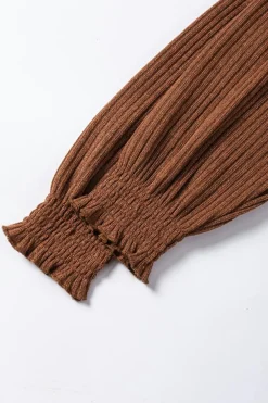 Fashion Dear-Lover Ribbed Knit Drop Shoulder Ruffled Sleeve Textured Top Chestnut