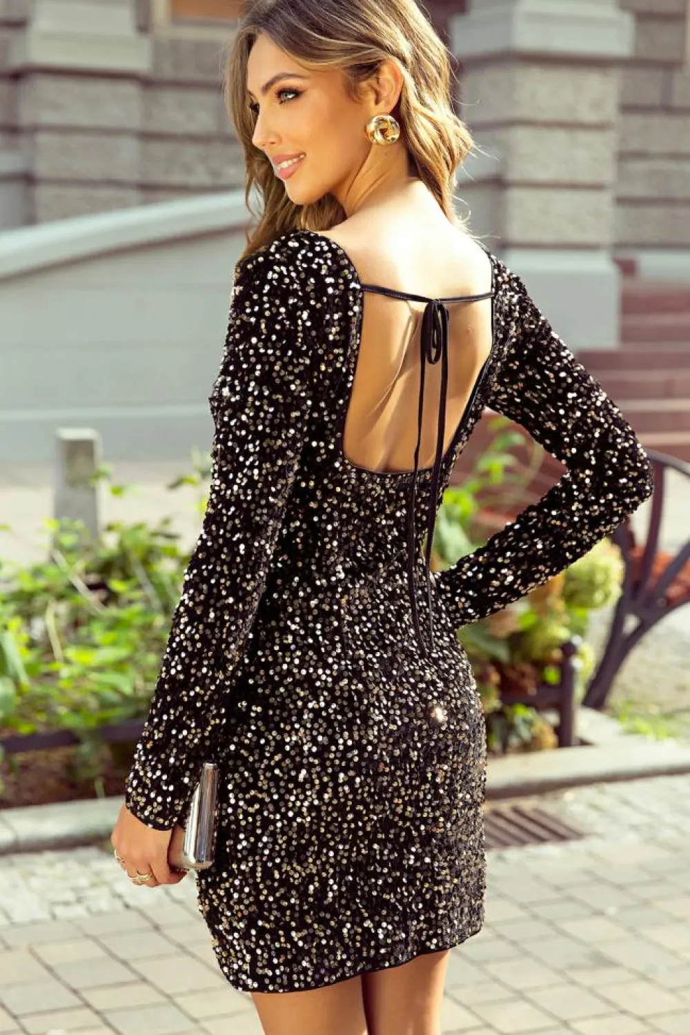 Discount Dear-Lover Sequin Crew Neck Long Sleeve Bodycon Dress Chestnut
