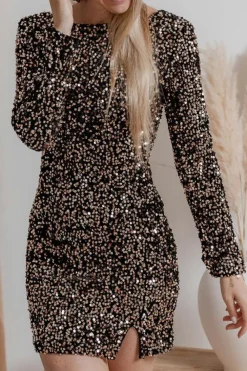 Discount Dear-Lover Sequin Crew Neck Long Sleeve Bodycon Dress Chestnut