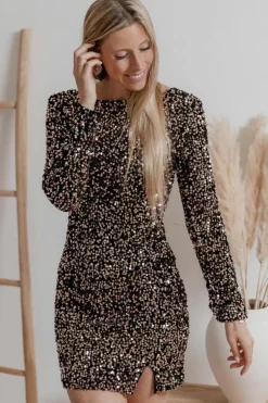 Discount Dear-Lover Sequin Crew Neck Long Sleeve Bodycon Dress Chestnut