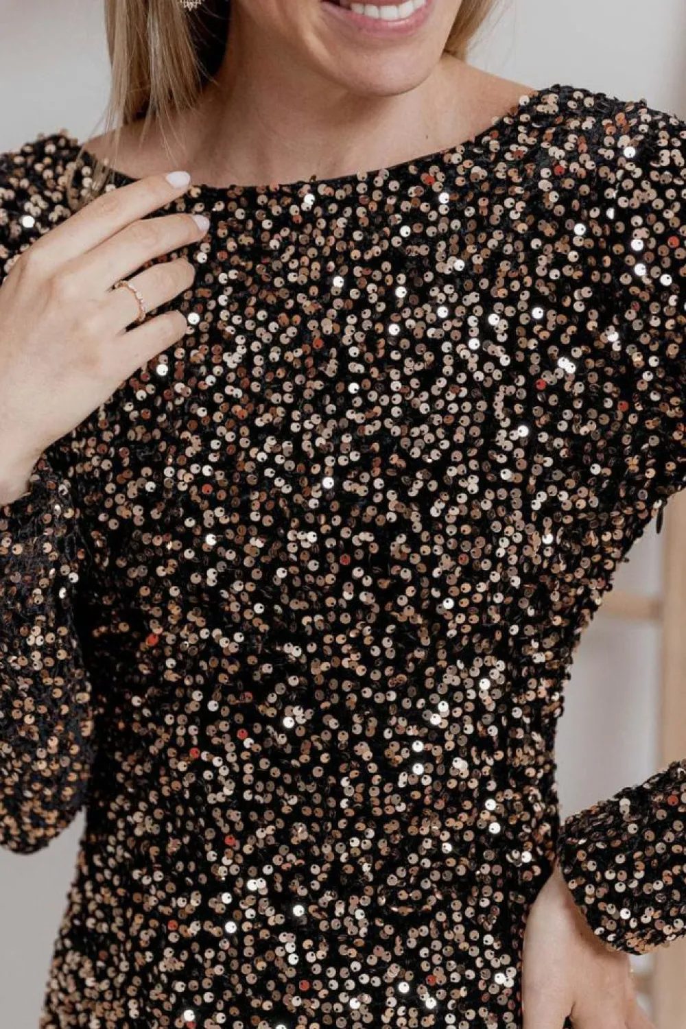 Discount Dear-Lover Sequin Crew Neck Long Sleeve Bodycon Dress Chestnut