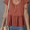 Outlet Dear-Lover Short Sleeve U Neck Buttons Splicing Ruffle Blouse Chestnut