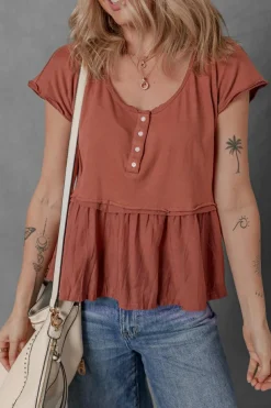 Outlet Dear-Lover Short Sleeve U Neck Buttons Splicing Ruffle Blouse Chestnut