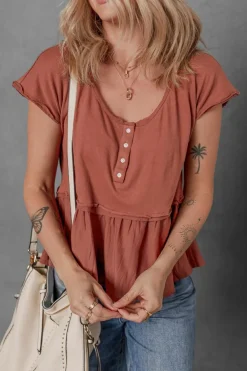 Outlet Dear-Lover Short Sleeve U Neck Buttons Splicing Ruffle Blouse Chestnut