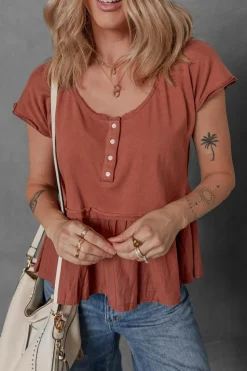 Outlet Dear-Lover Short Sleeve U Neck Buttons Splicing Ruffle Blouse Chestnut