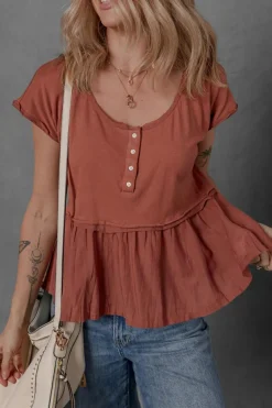 Outlet Dear-Lover Short Sleeve U Neck Buttons Splicing Ruffle Blouse Chestnut