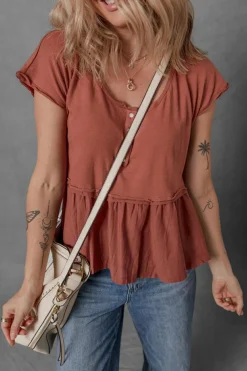 Outlet Dear-Lover Short Sleeve U Neck Buttons Splicing Ruffle Blouse Chestnut