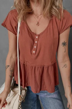 Outlet Dear-Lover Short Sleeve U Neck Buttons Splicing Ruffle Blouse Chestnut