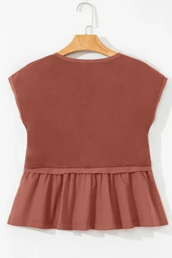 Outlet Dear-Lover Short Sleeve U Neck Buttons Splicing Ruffle Blouse Chestnut