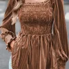 Online Dear-Lover Smocked Ribbed Velvet Babydoll Top Chestnut