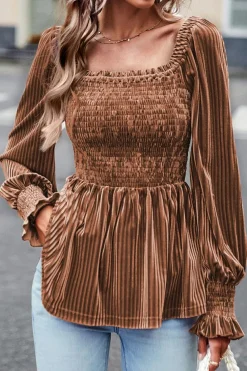 Online Dear-Lover Smocked Ribbed Velvet Babydoll Top Chestnut