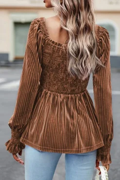 Online Dear-Lover Smocked Ribbed Velvet Babydoll Top Chestnut