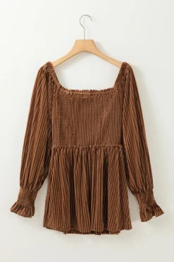 Online Dear-Lover Smocked Ribbed Velvet Babydoll Top Chestnut