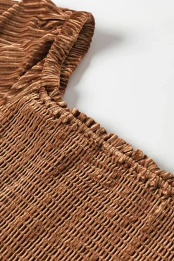Online Dear-Lover Smocked Ribbed Velvet Babydoll Top Chestnut