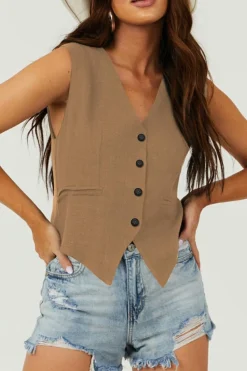 Sale Dear-Lover Solid Color Button up V Neck Suit Vest Chestnut