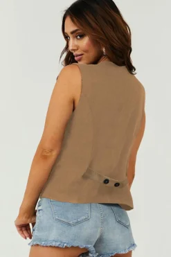 Sale Dear-Lover Solid Color Button up V Neck Suit Vest Chestnut