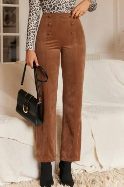 Fashion Dear-Lover Solid Color Double Breasted Straight Leg Pants Chestnut