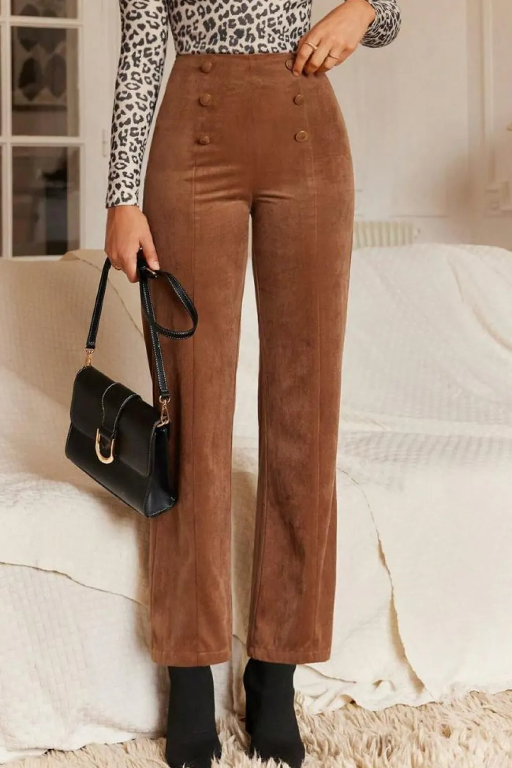 Fashion Dear-Lover Solid Color Double Breasted Straight Leg Pants Chestnut