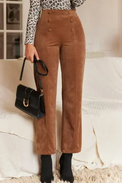 Fashion Dear-Lover Solid Color Double Breasted Straight Leg Pants Chestnut
