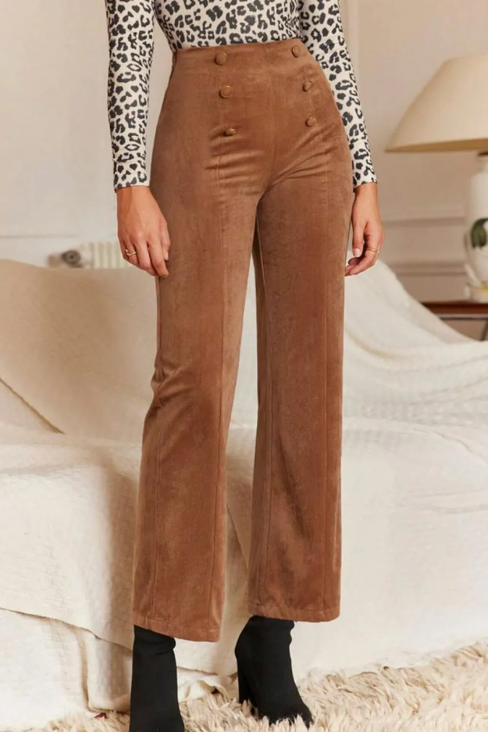 Fashion Dear-Lover Solid Color Double Breasted Straight Leg Pants Chestnut