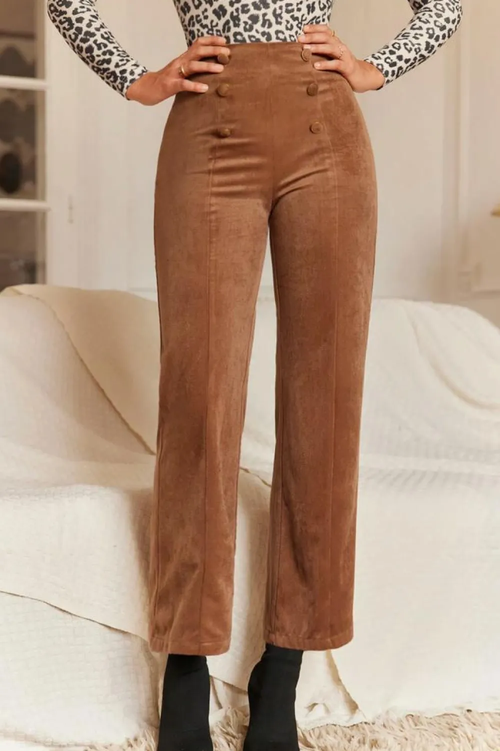 Fashion Dear-Lover Solid Color Double Breasted Straight Leg Pants Chestnut