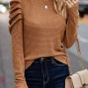 New Dear-Lover Solid Color Textured Buttoned Gigot Sleeve Top Chestnut