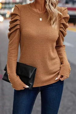 New Dear-Lover Solid Color Textured Buttoned Gigot Sleeve Top Chestnut