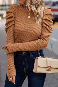 New Dear-Lover Solid Color Textured Buttoned Gigot Sleeve Top Chestnut