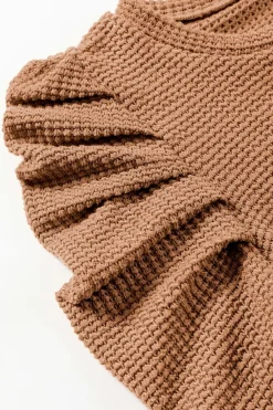 New Dear-Lover Solid Color Textured Buttoned Gigot Sleeve Top Chestnut