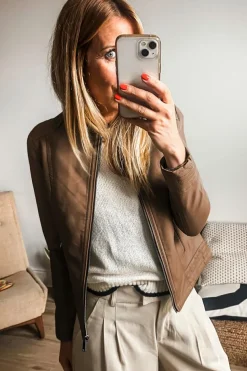 New Dear-Lover Solid Faux Leather Zipper Slim Fit Bomber Jacket Chestnut